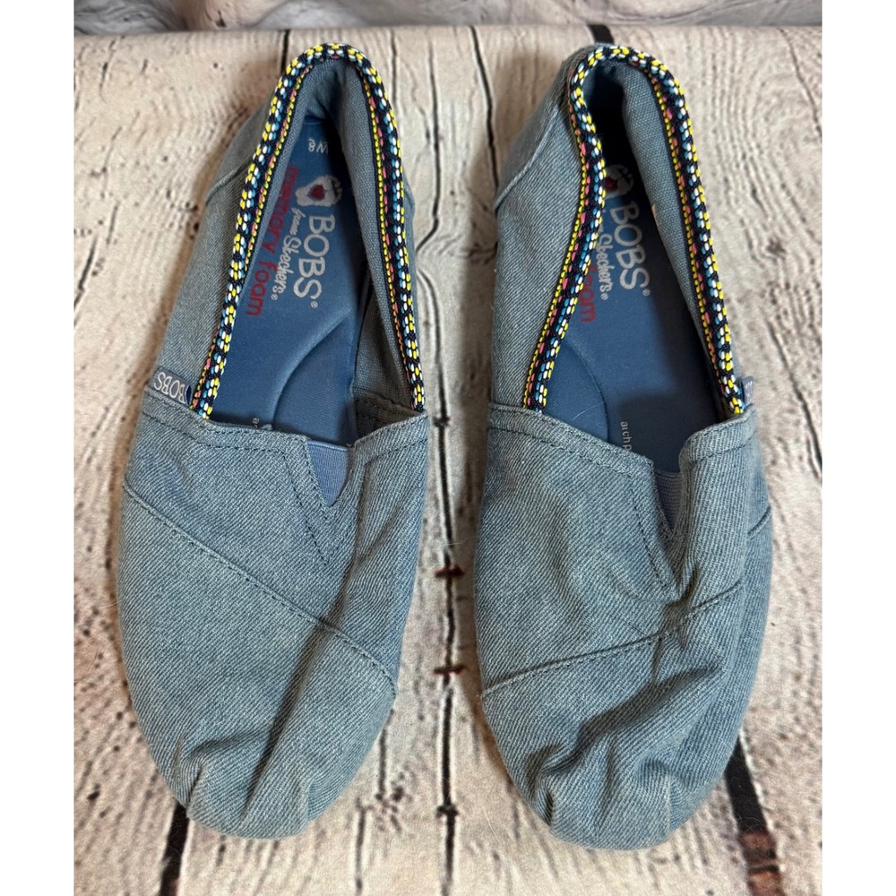 Skechers BOBS‎ Womens Blue Denim Slip On Alpargata Flats Memory Foam Size 8 - Picture 2 of 6